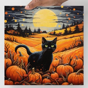 カボチャ畑の黒猫の壁アート、秋のハロウィン秋の装飾、満月、秋の夜長猫好きの壁アート