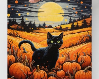 Black Cat in a Pumpkin Patch Wall Art, Autumn Halloween Fall Decor, Full Moon, Autumn Nightc Cat Lovers Wall Art