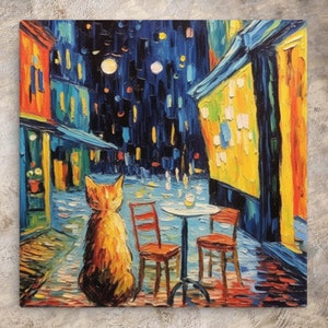 Van Gogh Cafe Terrace at Night Kitty, Wall Art Van Gogh inspired Cat Art, Van Gogh Cafe Recreation Fine Art Inspired Creation