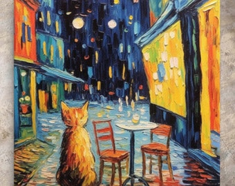 Van Gogh Cafe Terrace at Night Kitty, Wall Art Van Gogh a inspiré Cat Art, Van Gogh Cafe Recreation Fine Art Inspired Creation