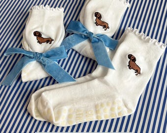 Embroidered Dachshund Pilates Sock Grip Ruffle Ankle Grippy Socks Bulk Pilates Dog Pet Sock Gift Pilates Personalized Bag Bachelorette Gift