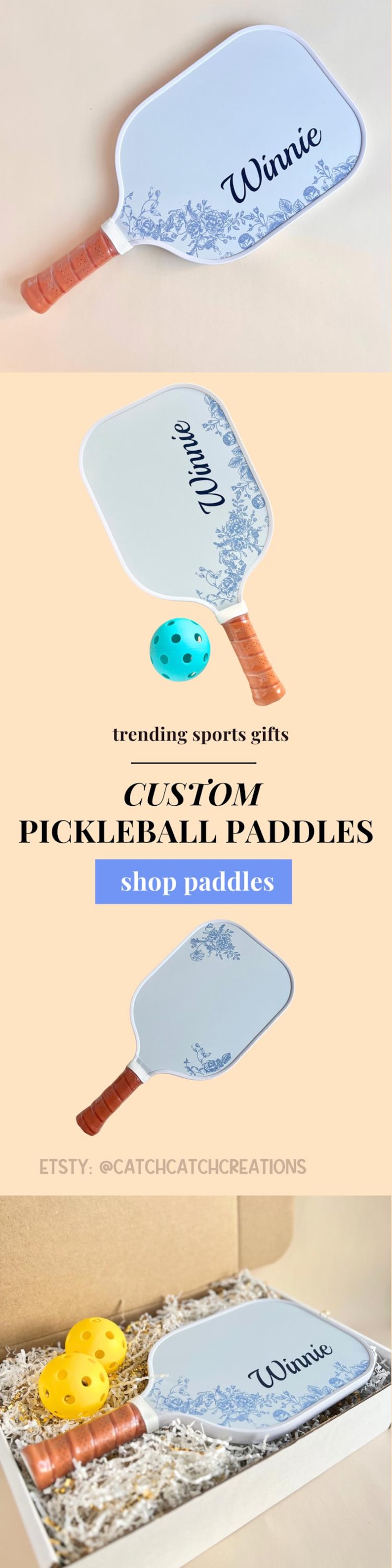 Peut inclure: Une raquette de pickleball blanche avec un motif floral bleu et le nom "Winnie" &eacute;crit dessus. La raquette est pr&eacute;sent&eacute;e dans une bo&icirc;te avec deux balles de pickleball jaunes.