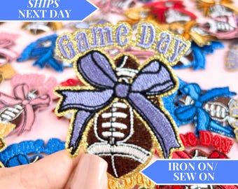 Purple Patch Football Iron On Bow Embroidery Patch Chenille Sew Bag Patch Jacket Letterman Homecoming Shirt Patch DIY TShirt Football Pink