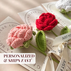 May include: Three crocheted roses in pink, red, and white, with green leaves and stems. The roses are arranged on a white background with a ribbon and the text "Boundless Love" and "Just for You".