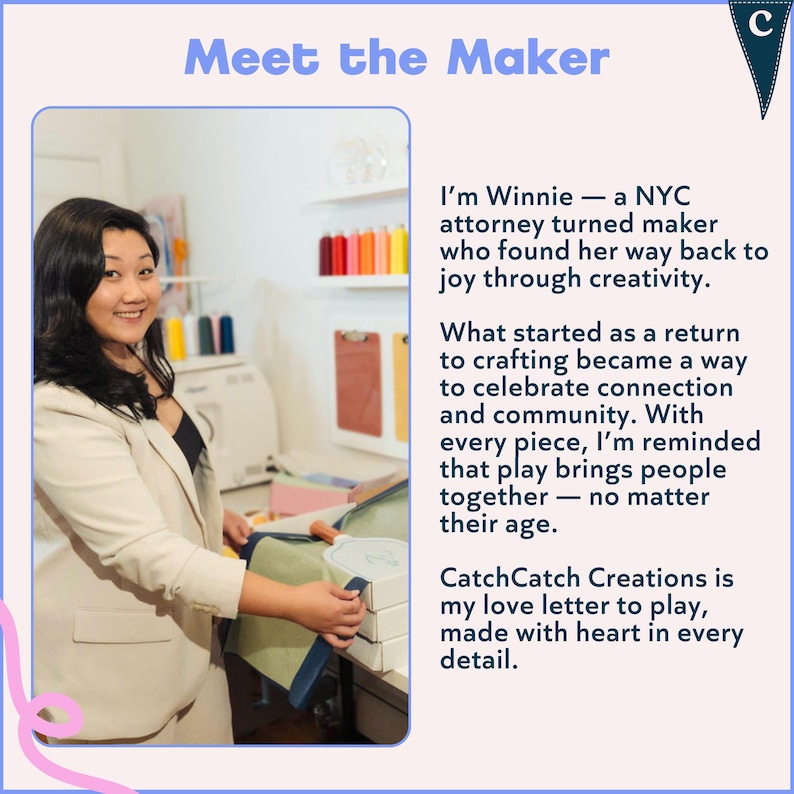 May include: Image features a smiling woman in a light-colored blazer, standing near sewing supplies. Text reads "Meet the Maker" and describes her journey from attorney to maker, emphasizing creativity and community through crafting.