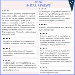 May include: Image featuring customer reviews with a 5-star rating. The reviews mention custom paddles, covers, and gifts. Text includes phrases like "5-STAR REVIEWS", "custom paddle", and "Excellent customer service!"