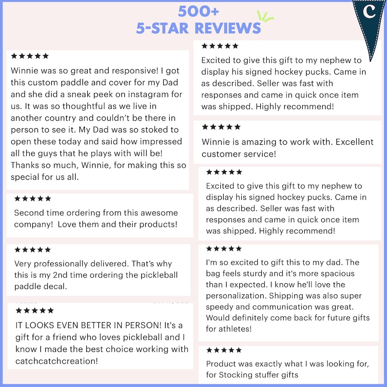 May include: Image featuring customer reviews with a 5-star rating. The reviews mention custom paddles, covers, and gifts. Text includes phrases like "5-STAR REVIEWS", "custom paddle", and "Excellent customer service!"