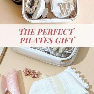 May include: A collection of beauty and self-care items, including a clear cosmetic bag, hair accessories, and socks. The bag contains a variety of items, such as pearl hair ties, combs, and a decorative initial. The image also includes a mirror and hair clips.