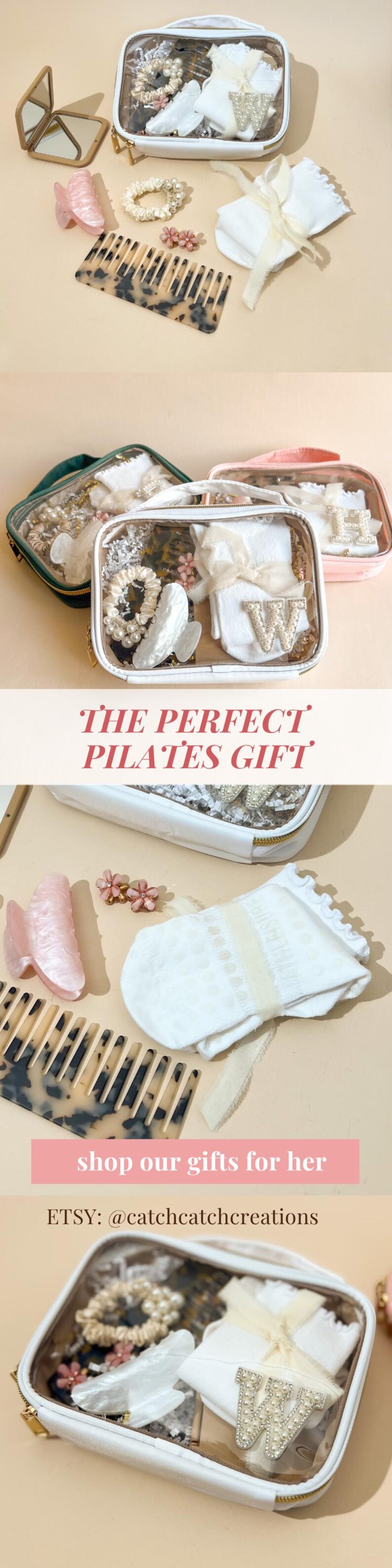 May include: A collection of beauty and self-care items, including a clear cosmetic bag, hair accessories, and socks. The bag contains a variety of items, such as pearl hair ties, combs, and a decorative initial. The image also includes a mirror and hair clips.