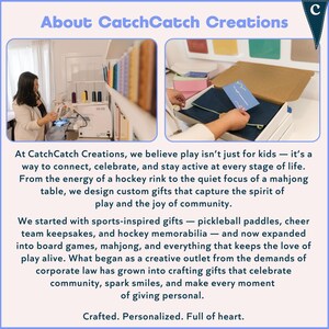 May include: The image features text that reads "About CatchCatch Creations." It includes photos of a person using a sewing machine and a person holding a card over a box. The text describes custom gifts for sports and board games.
