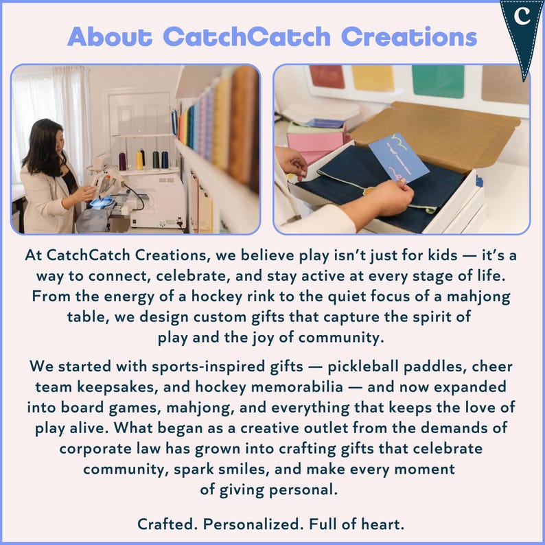 May include: The image features text that reads "About CatchCatch Creations." It includes photos of a person using a sewing machine and a person holding a card over a box. The text describes custom gifts for sports and board games.
