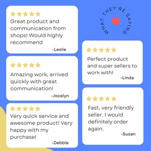 May include: Five-star reviews for a product or service. The reviews highlight the quality of the product, the speed of delivery, and the friendly customer service. The reviews are displayed on a blue background with a red heart and the text "What They're Saying".