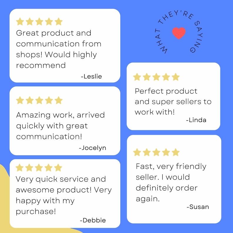 May include: Five-star reviews for a product or service. The reviews highlight the quality of the product, the speed of delivery, and the friendly customer service. The reviews are displayed on a blue background with a red heart and the text "What They're Saying".