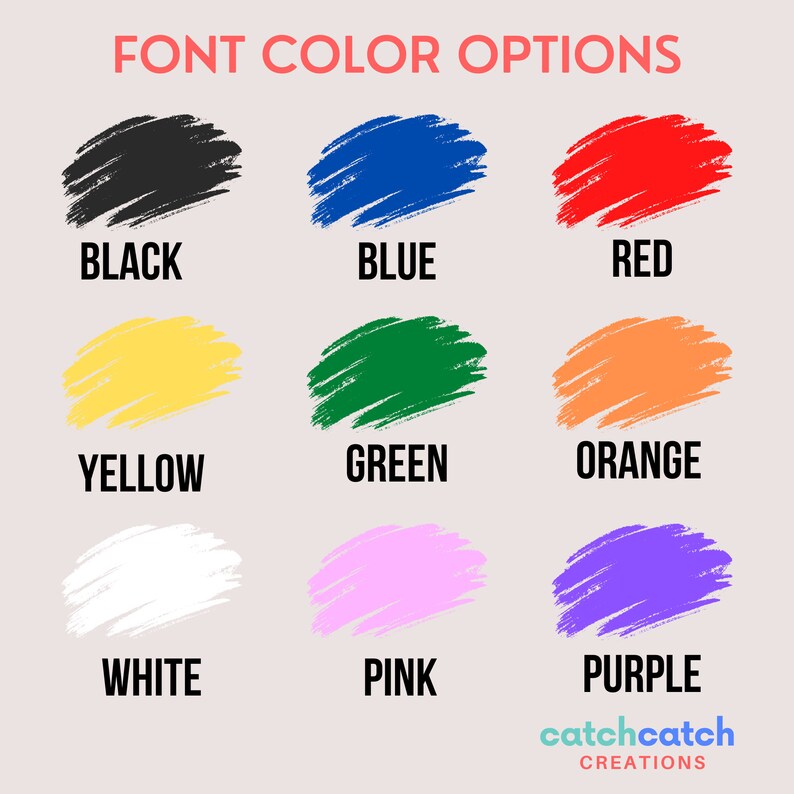 Puede incluir: Un gr&aacute;fico que muestra nueve opciones de color de fuente diferentes: negro, azul, rojo, amarillo, verde, naranja, blanco, rosa y morado.
