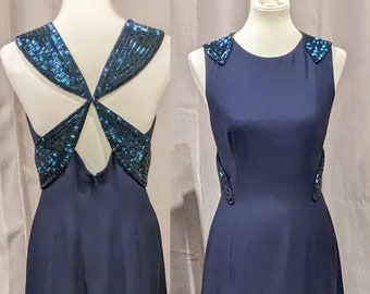 Rare Vintage Bill Blass Couture Deep Blue evening dress with shoulder/back heavy beading sz 6