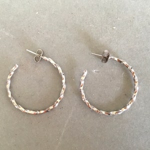 Vintage hoop earrings. Silver tone etched metal for pierced ears