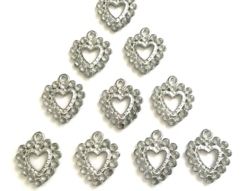 lot of 10 rhinestone settings, Vintage Heart pendant blanks, jewelry making supplies, silver toned metal, vintage costume jewelry