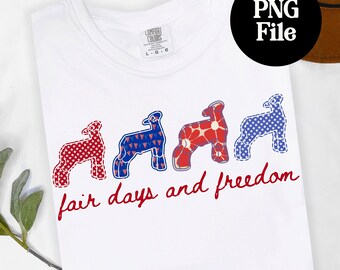May include: White t-shirt featuring four sheep designs in red and blue patterns. The text "fair days and freedom" is written in red script below the sheep. A black circle with "PNG File" is in the upper right corner.