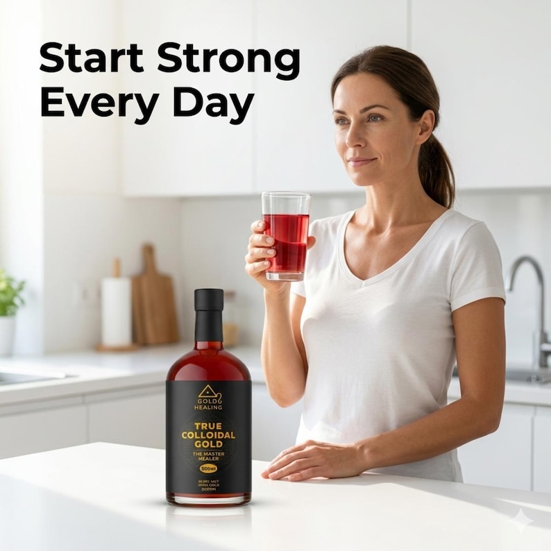 May include: A glass bottle of True Colloidal Gold with a black label and gold text, containing a deep red liquid. The label reads Gold Healing, True Colloidal Gold, The Master Healer, 500ml. The text Start Strong Every Day is visible above.