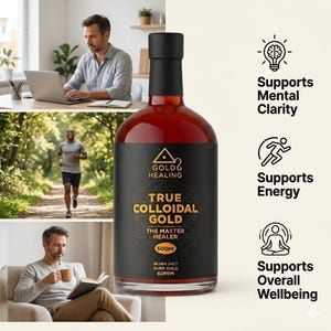 May include: A 500ml bottle of True Colloidal Gold The Master Healer with a black label featuring gold text, 90.9% 24ct pure gold, and 60ppm. The label includes icons and text for mental clarity, energy, and overall wellbeing alongside lifestyle imagery.