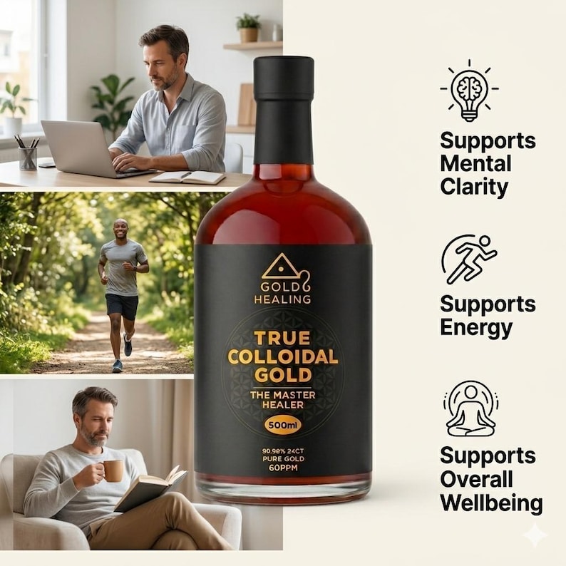 May include: A 500ml bottle of True Colloidal Gold The Master Healer with a black label featuring gold text, 90.9% 24ct pure gold, and 60ppm. The label includes icons and text for mental clarity, energy, and overall wellbeing alongside lifestyle imagery.