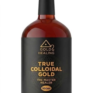 May include: A clear glass bottle filled with a reddish-brown liquid, featuring a black label with gold text. The label reads Gold Healing, True Colloidal Gold, The Master Healer, 500ml, 90.98% 24ct Pure Gold, and 60ppm. The bottle has a black cap.