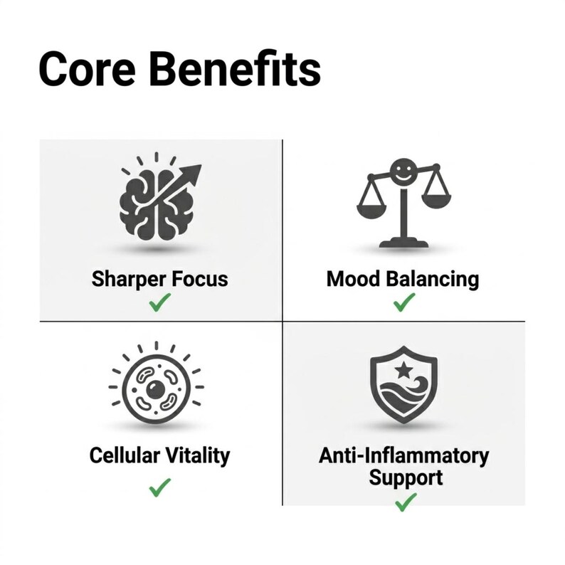May include: A graphic titled Core Benefits featuring four icons with text labels. The icons represent a brain with an arrow for Sharper Focus, a balance scale for Mood Balancing, a cell for Cellular Vitality, and a shield for Anti-Inflammatory Support.