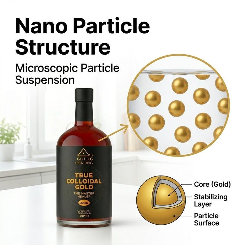 May include: A bottle of True Colloidal Gold with a black label featuring gold text. The image includes a diagram of a nano particle structure with a microscopic particle suspension and a cross-section showing a gold core, stabilizing layer, and surface.
