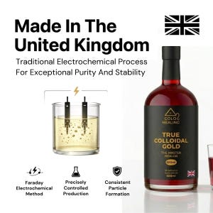 May include: A 500ml bottle of Golo Healing True Colloidal Gold with a black label featuring gold text. The image includes a diagram of a beaker with electrodes, text stating Made In The United Kingdom, and icons for Faraday Electrochemical Method.