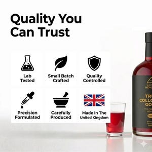 May include: A dark red liquid in a glass bottle and a small glass, accompanied by text reading Quality You Can Trust and six icons representing Lab Tested, Small Batch Crafted, Quality Controlled, Precision Formulated, Carefully Produced, and Made In The United Kingdom.