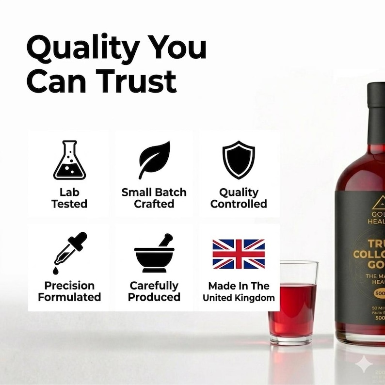May include: A dark red liquid in a glass bottle and a small glass, accompanied by text reading Quality You Can Trust and six icons representing Lab Tested, Small Batch Crafted, Quality Controlled, Precision Formulated, Carefully Produced, and Made In The United Kingdom.