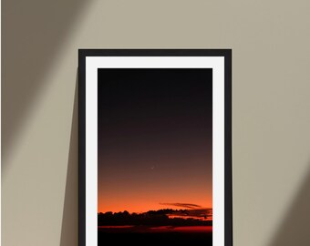 Moon Sliver at Sunset Framed Art Print | Digital Film Photography | Nature Wall Art