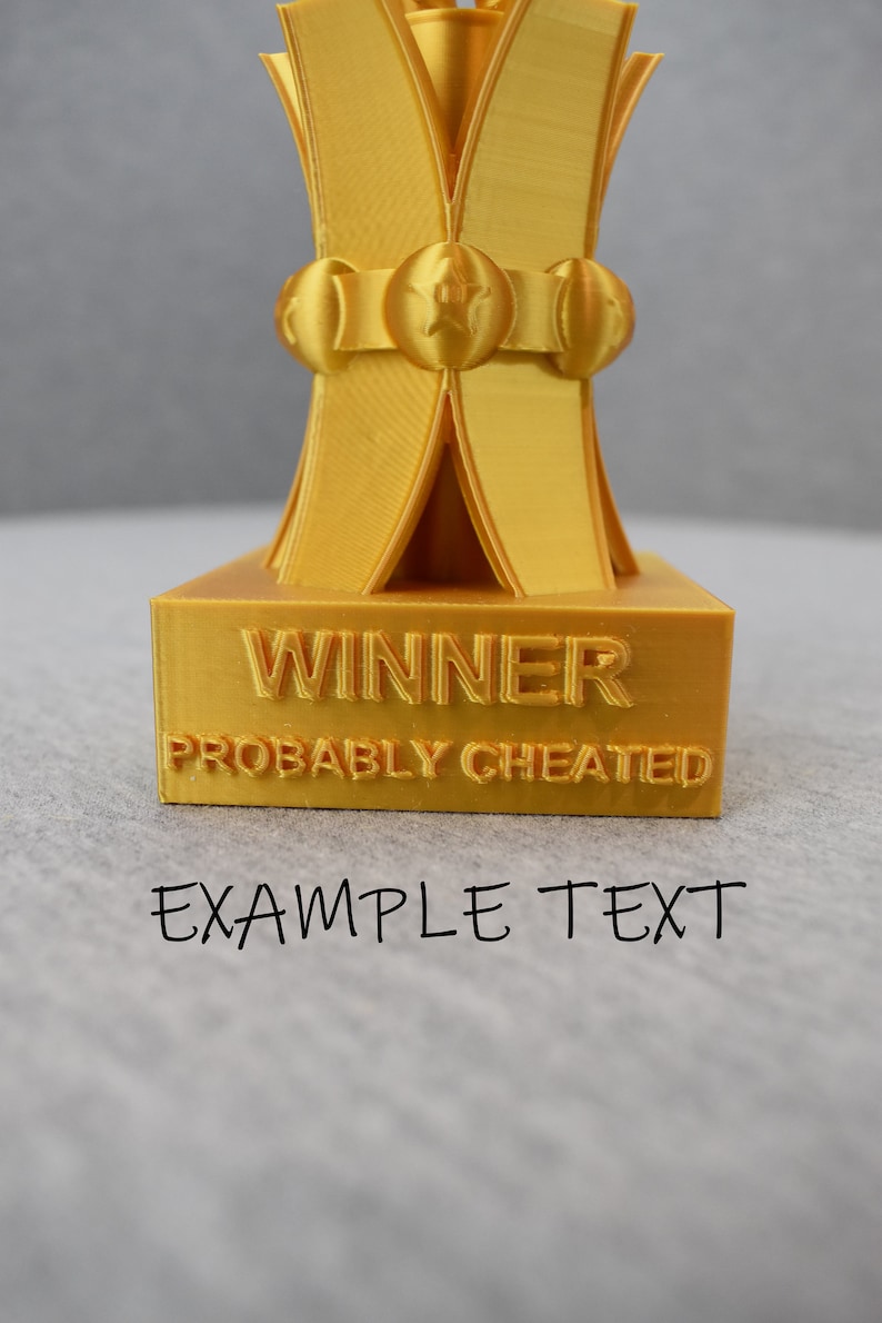 May include: A gold-colored trophy with the words "WINNER" and "PROBABLY CHEATED" inscribed on the base. The trophy has a star-shaped design on the top.