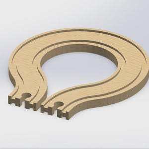 May include: A light brown wooden toy train track piece. The track is curved and has grooves for the train wheels. The ends of the track have interlocking features. The track is designed to connect with other track pieces.