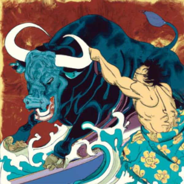 Ukiyo-e Original Painting Grab the Bull by the Horns