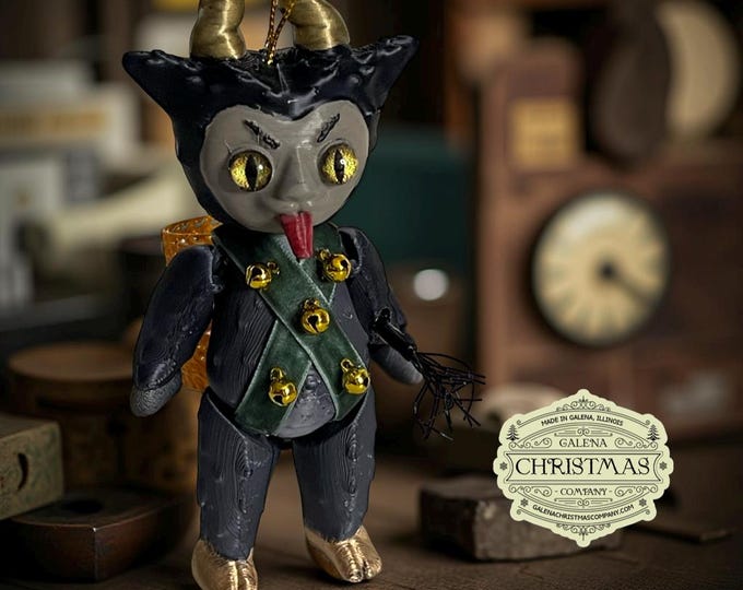 Featured listing image: Lil Krampus 6-inch Ornament – Holiday Enforcer with Horns and Attitude Black Green Gold LK007