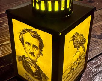 Edgar Allen Poe Raven Skull - Lantern Metal Glass LED Accent Lamp 4-inch / NOS/2601