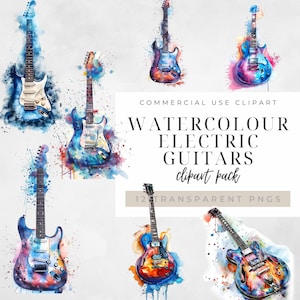Electric guitars, watercolour clipart, painted guitars, images for apparel, wall art.