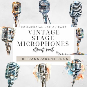 Peut inclure: Huit illustrations à l'aquarelle de microphones vintage sur un fond blanc. Les microphones sont de différentes couleurs, notamment argent, or et noir. Le texte "COMMERCIAL USE CLIPART VINTAGE STAGE MICROPHONES clipart pack GoLola 8 TRANSPARENT PNGS" est écrit en blanc sur un rectangle brun clair.