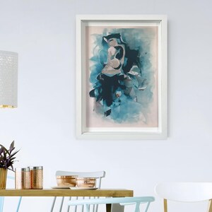 May include: Abstract painting in shades of blue and teal with a white frame. The painting features a swirling, organic shape in the centre, surrounded by a lighter blue background.