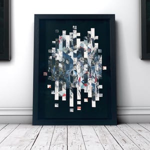 May include: A framed abstract artwork with a black background and a collage of white, blue and red paper strips arranged in a geometric pattern.