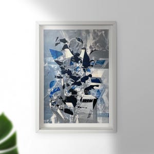 May include: Abstract art print in a white frame. The artwork features a collage of geometric shapes in shades of blue, black, and grey. The composition is dynamic, with overlapping elements creating depth and visual interest. The print is mounted on a white wall.