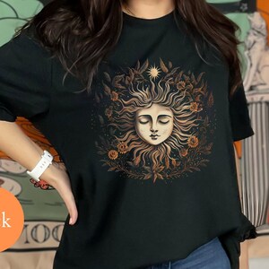 Womens Mystic Sun Shirt, Retro Floral Shirt, Boho Vintage Shirt, Celestial Sun Shirt, Cosmic Spiritual Shirt, Celestial Tee, Gift for her,