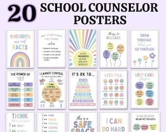 May include: Twenty colorful posters for school counselors with positive messages and affirmations. The posters feature rainbows, flowers, and other cheerful designs.  The text on the posters includes phrases like "Thoughts are not facts", "It's OK to...", "The Power of Yet", "I Can Do Hard Things", and "This is a Safe Space".