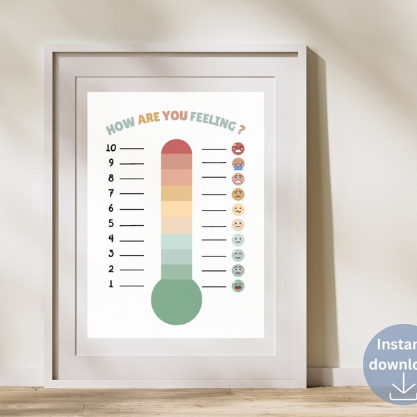 Feelings thermometer chart boho style, Zones of regulation poster, Emotions thermometer toddler printable, Mental Health, School Counselor