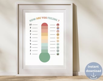 Feelings thermometer chart boho style, Zones of regulation poster, Emotions thermometer toddler printable, Mental Health, School Counselor