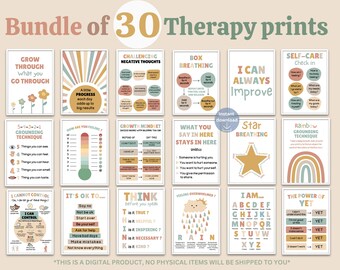 Puede incluir: Un conjunto de 30 carteles imprimibles con afirmaciones positivas y técnicas de puesta a tierra para terapia. Los carteles presentan una variedad de colores y diseños, incluyendo arcoíris, estrellas y nubes. El texto en los carteles está en una fuente moderna y minimalista.