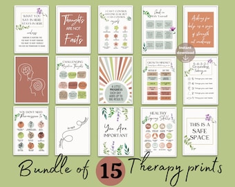 15 Therapist office decor signs Therapy wall art Counseling posters School psychologist print Bundle quotes Mental health Social work