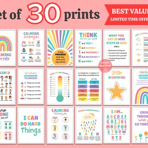 30 calming corner posters, calm down corner poster printable, calm classroom, boho counselor decor, calm corner sign