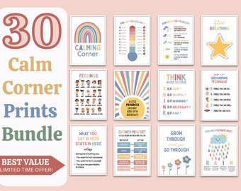 Rainbow Calm Corner Art: 30 Calming Posters for Kids & Counselors, Boho calming corner, Calming classroom posters, Feelings chart bundle